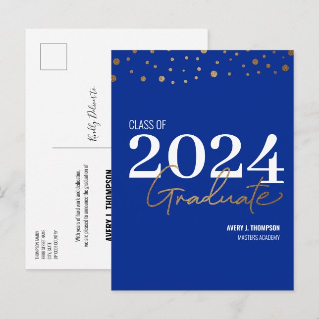 Carte Postale Faire-part Classe simple de 2024 Graduate Blue Personnalisé (Devant / Derrière)