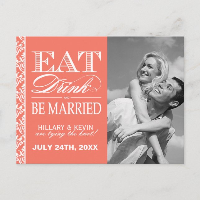 Carte Postale Faire-part Classieux Damassé Corail Enregistrer la Date (Devant)