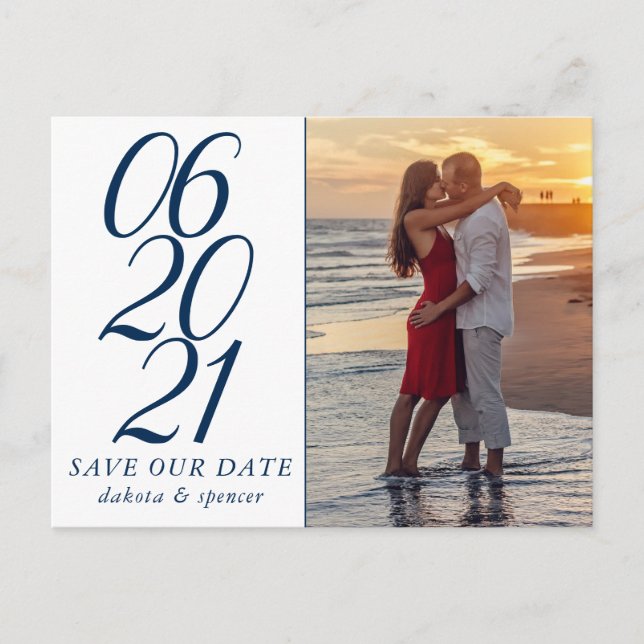 Carte Postale Faire-part Classique Bleu Casual Script Sauver Notre Date Pho (Devant)