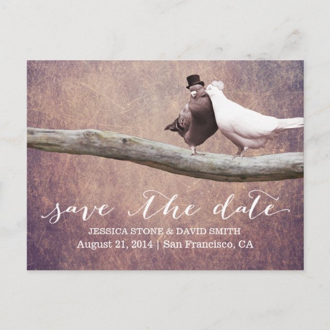 Carte Postale Faire-part Classy Grunge Mariage Birds Enregistrer la date (Devant)