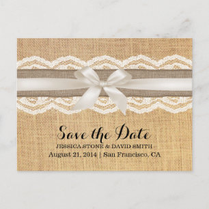 Carte Postale Faire-part Classy Ribbon Lace & Burlap Enregistrer la date