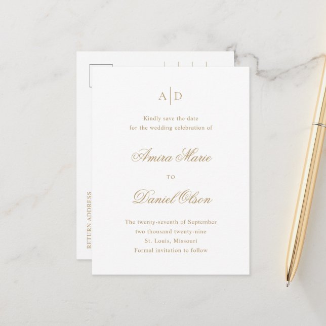 Carte Postale Faire-part Clean Gold Classic Wedding Enregistrer la date (Devant/Arrière en situation)