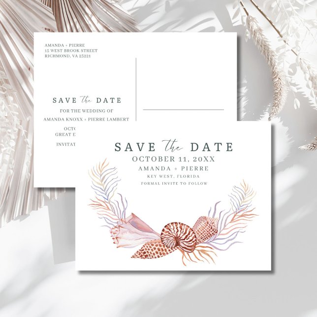 Carte Postale Faire-part Coastal Seashell Beach Wedding Save the Date (Coastal Seashell Beach Wedding Save the Date Announcement Postcard)