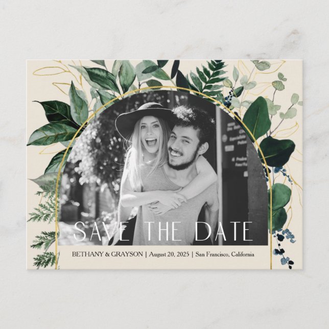 Carte Postale Faire-part Code QR, Beige Greenery mariage photo enregistrer  (Devant)