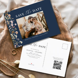 Carte Postale Faire-part Code QR Bleu Marine Fleur de Fleuriste Mariage Flo