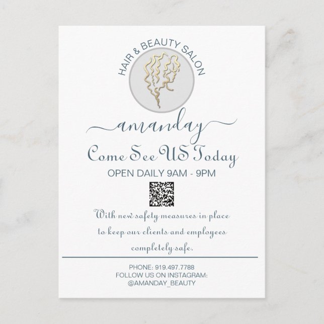 Carte Postale Faire-part Code QR Coiffeur Logo Be Safe Promotionnel Blanc (Devant)