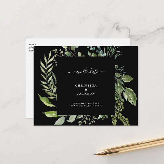 Carte Postale Faire-part Code QR de mariage noir à l'eucalyptus Enregistrez (Devant/Arrière en situation)