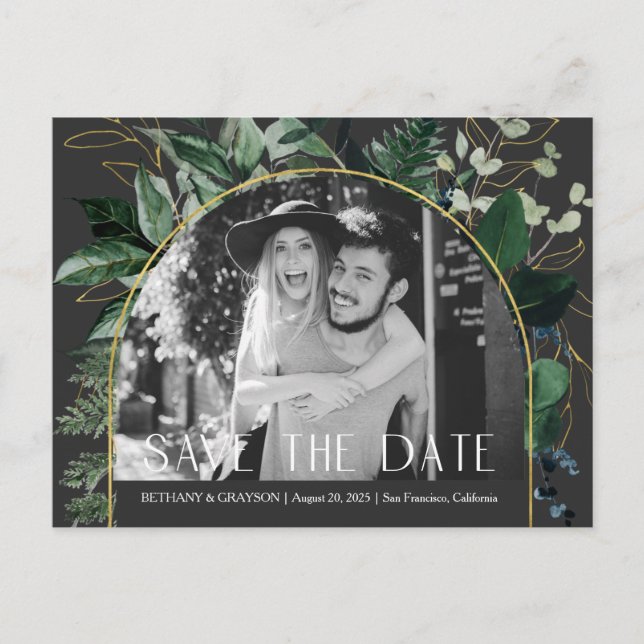 Carte Postale Faire-part Code QR, photo botanique moderne élégante, date de (Devant)