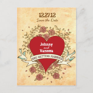 Carte Postale Faire-part Coeur bohémien, Roses, oiseaux, et Mariage de bann