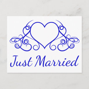 Carte Postale Faire-part Cœur floral de mariage bleu cobalt Just Married