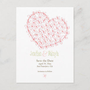 Carte Postale Faire-part Coeur floral Économisez la date : rose