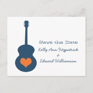 Carte Postale Faire-part Coeur guitare bleu/orange Enregistrer la date Cart