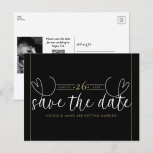 Carte Postale Faire-part Cœur Moderne Noir Blanc Chic Date de Mariage