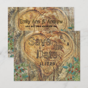 Carte Postale Faire-part Cœur rustique dans le tronc d'arbre Save the Date