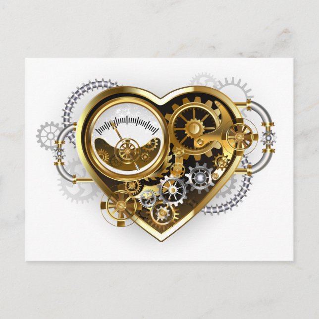Carte Postale Faire-part Cœur Steampunk avec un Manomètre (Devant)