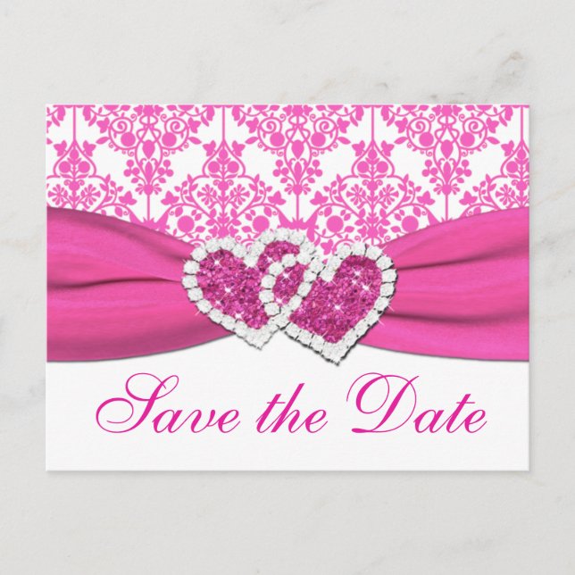 Carte Postale Faire-part Coeurs Damas rose et blanc Enregistrer la date Car (Devant)