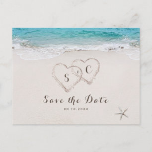 Carte Postale Faire-part Cœurs dans la plage de sable sauve la date