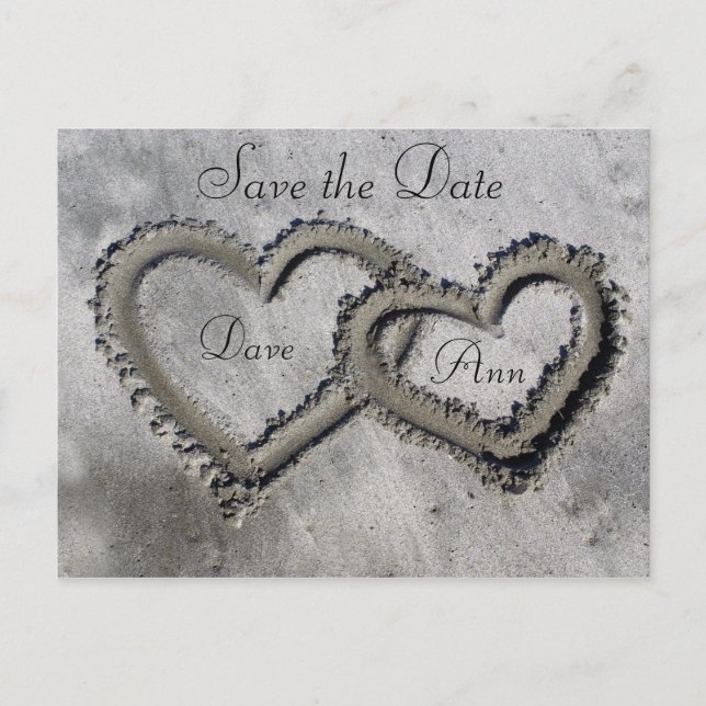 Carte Postale Faire-part Coeurs dans le sable (Devant)