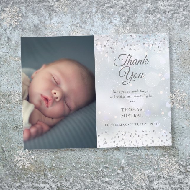 Carte Postale Faire-part Cœurs d'Argent Photo de remerciement Naissance de  (Silver Hearts Thank You Photo Winter Baby Birth Announcement Postcard)