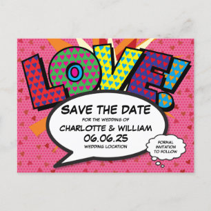 Carte Postale Faire-part Cœurs modernes Amour Fun Comic Mariage Sauvegarder