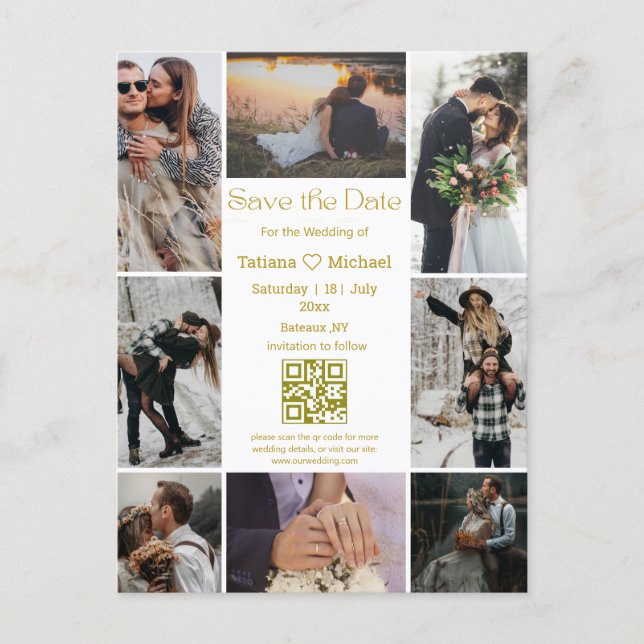 Carte Postale Faire-part collage de 8 photos modernes code qr save the date (Devant)