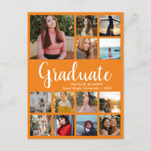 Carte Postale Faire-part Collage de photos de diplômé 14 Orange Diplômé
