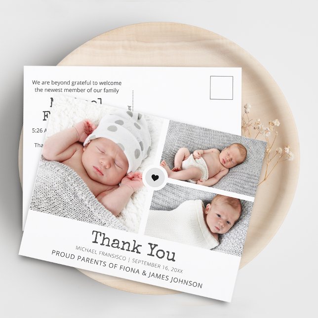 Carte Postale Faire-part Collage de photos de remerciement modernes en gril (Modern Thank You Photos Grid Collage Birth Announcement Postcard)