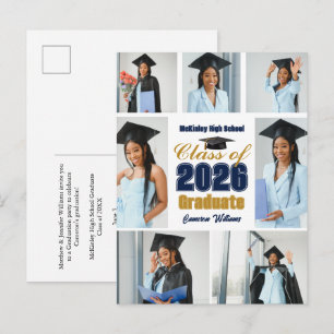 Carte Postale Faire-part Collage de photos de remise de diplômes Navy Blue