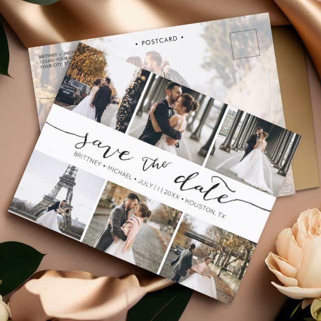 Carte Postale Faire-part Collage de photos moderne pour annoncer la date  (Save the Date hand lettered minimalistic photo collage postcard with photo on the back.)