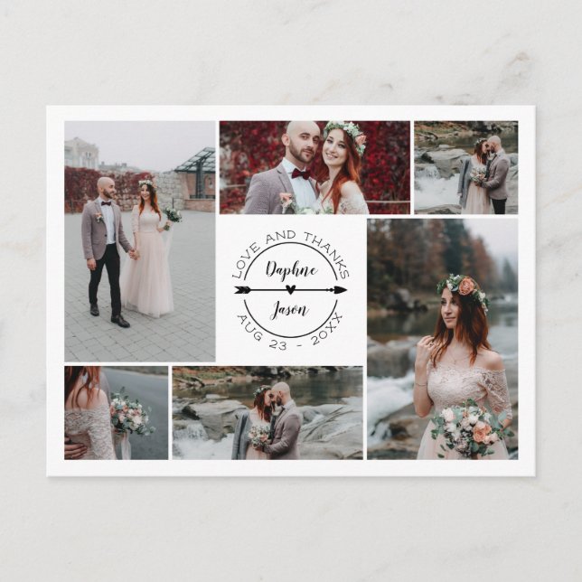 Carte Postale Faire-part Collage photo de l'Mariage noir blanc Merci (Devant)