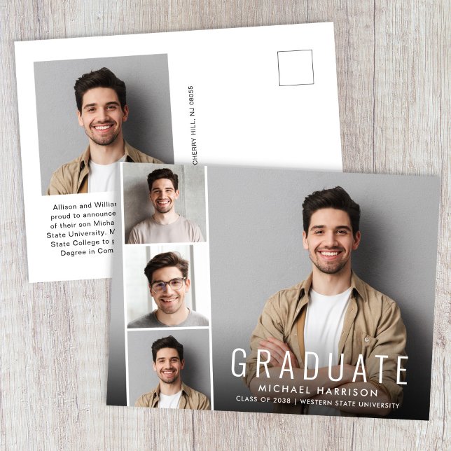 Carte Postale Faire-part Collage photo moderne de remise de diplômes (Cherish the milestone: share your graduate's achievement with a custom photo graduation announcement)