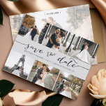 Carte Postale Faire-part Collage photo moderne Enregistrer la date gris<br><div class="desc">Choisissez les meilleures photos de votre séance photo fiançailles ou vos photos préférées de vous deux pour cette parfaite enregistrer la date. Les mots sauvegardent la date sont écrits à la main pour donner une impression personnelle à la carte. L'avant a 6 images et l'arrière a une grande image avec...</div>