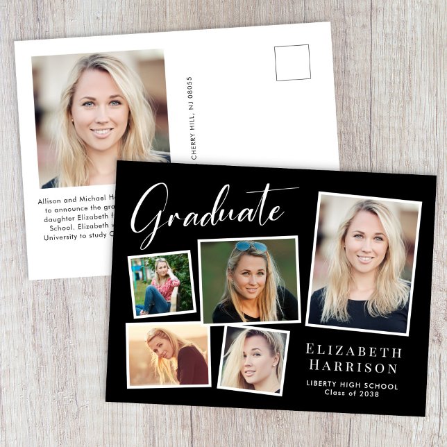 Carte Postale Faire-part Collage photo moderne Graduation noire (Cherish the milestone: share your graduate's achievement with a custom photo graduation announcement)