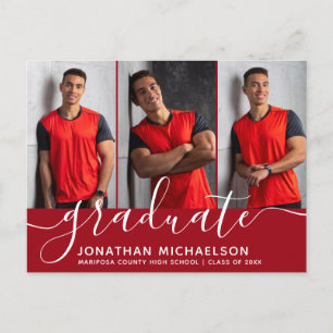 Carte Postale Faire-part Collage Photo Moderne Rouge Remise de Diplômes