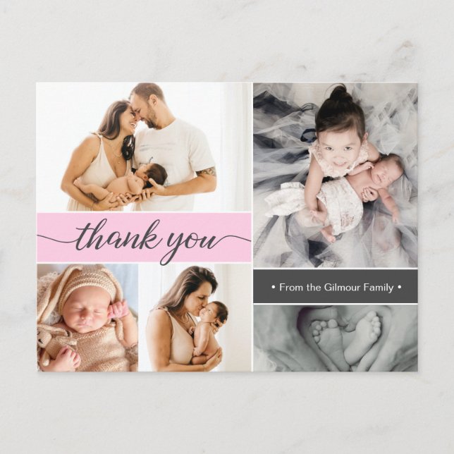Carte Postale Faire-part Collage photo Pink Second Baby Birth (Devant)