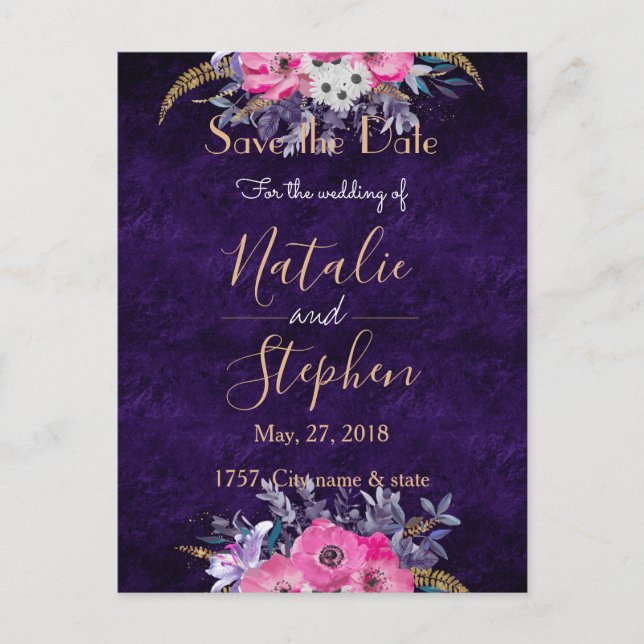 Carte Postale Faire-part Collection Romantique or et mariage fleuri violet (Devant)