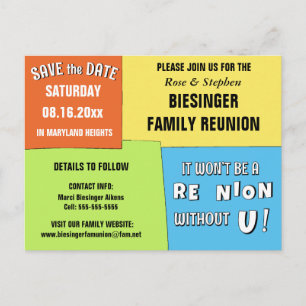Carte Postale Faire-part Color Block Save the Date Reunion Postcard