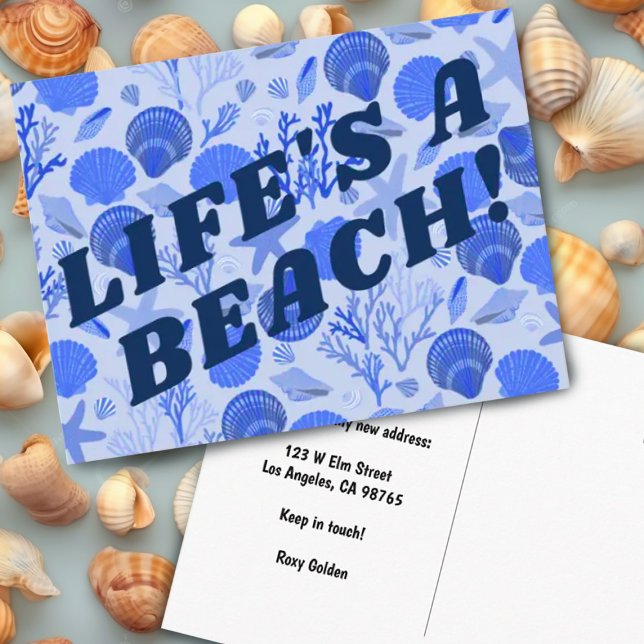 Carte Postale FAIRE-PART Colorée Plage de coquillages bleus (Hand drawn blue seashells pattern on custom moving change of address postcard. Add your own text)