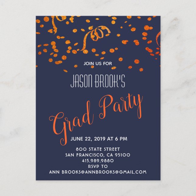 Carte Postale Faire-part Confetti Orange Et Or En Noir (Devant)