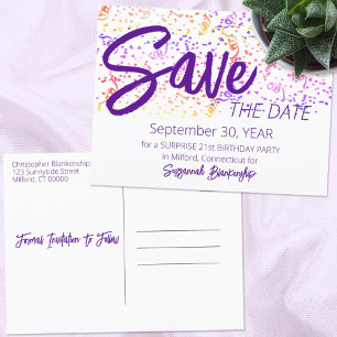 Carte Postale Faire-part Confettis Colorés Haut Texte Violet Occasion Spéci