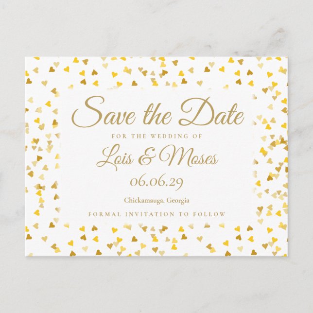 Carte Postale Faire-part Confettis de coeurs dorés Save the Date (Devant)