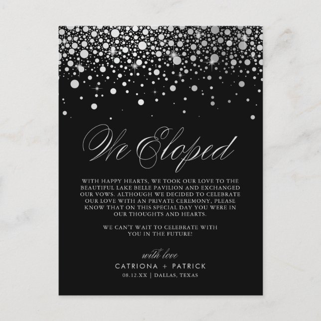 Carte Postale Faire-part Confettis en feuille d'argent faux mariage noir fu (Devant)