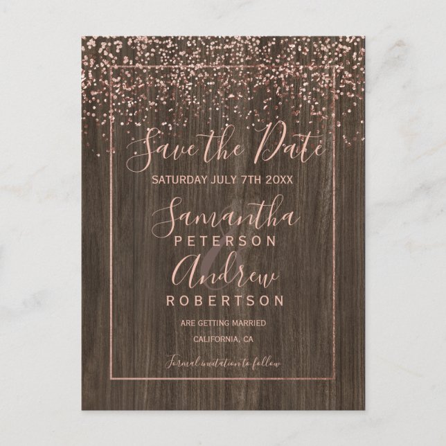 Carte Postale Faire-part Confettis en or rose  automne bois script save the (Devant)