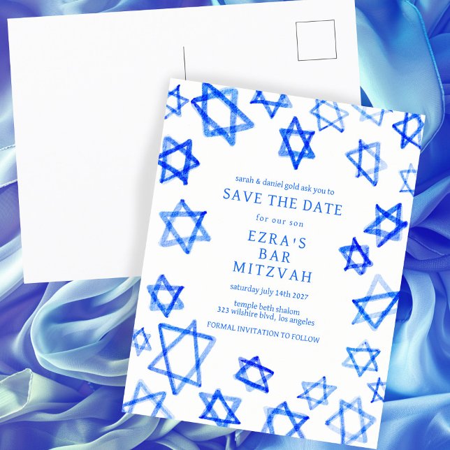 Carte Postale Faire-part Cool aquarelle Blue Star de David Bar Bat mitzvah (Watercolor Cool Blue Star of David Bar Bat Mitzvah Save the Date Announcement Postcard
)