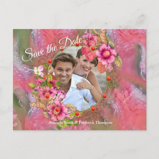 Carte Postale Faire-part Corail, Fleurs et Roses de Pivoine (Devant)