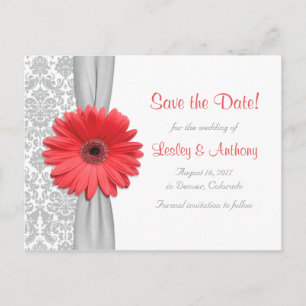 Carte Postale Faire-part Coral Daisy Grey Mariage damassé Enregistrer la da