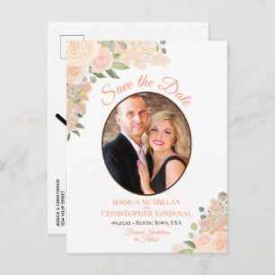 Carte Postale Faire-part Coral Peach Roses Oval Photo Wedding Enregistrer l