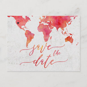 Carte Postale Faire-part Coral Watercolor World Map Mariage Enregistrer la