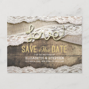 Carte Postale Faire-part Corde d'amour rustique Mariage Économisez la date