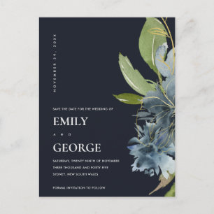 CARTE POSTALE FAIRE-PART COULEUR D'EAU FLORALE BLUE GOLD NAVY ENREGISTRER L